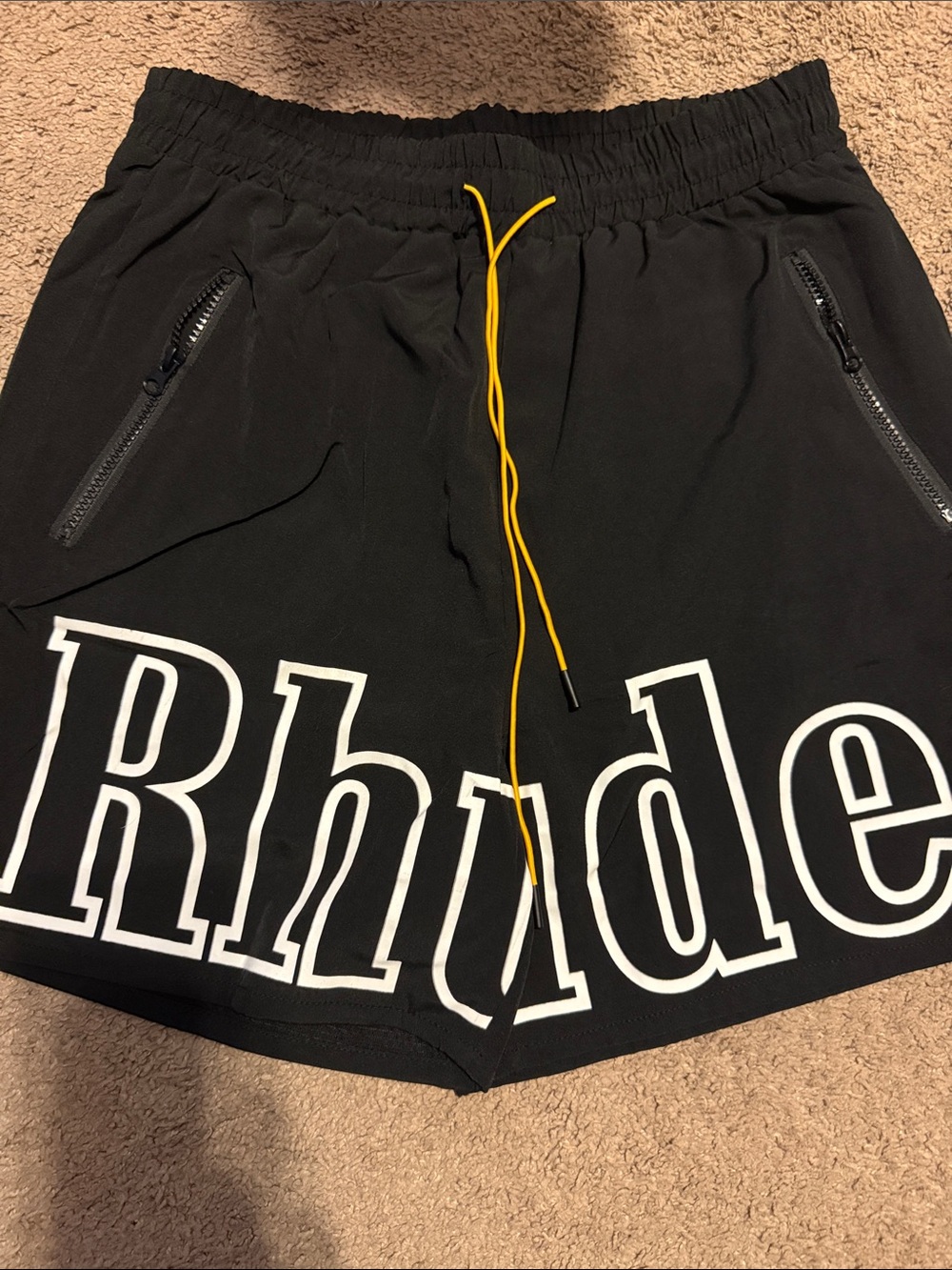 Rhiide Black Logo Athletic Shorts with Yellow Drawcord